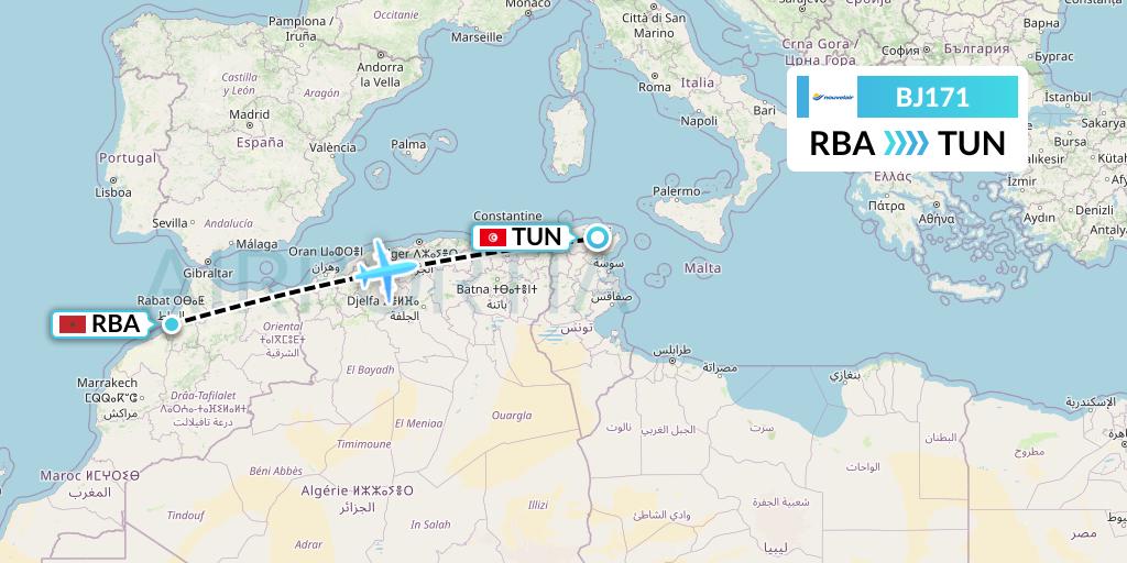 BJ171 Nouvelair Tunisie Flight Map: Rabat to Tunis