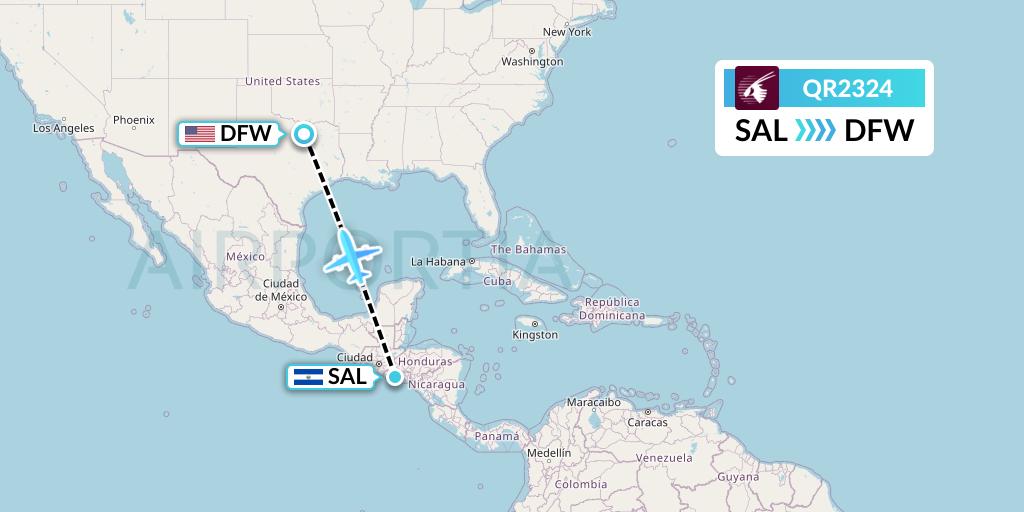 QR2324 Qatar Airways Flight Map: San Salvador to Dallas