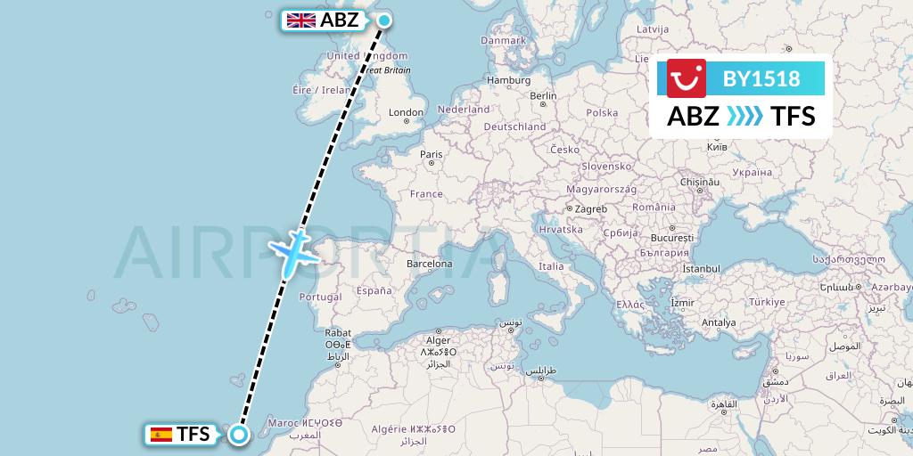 BY1518 TUI Airways Flight Map: Aberdeen to Tenerife