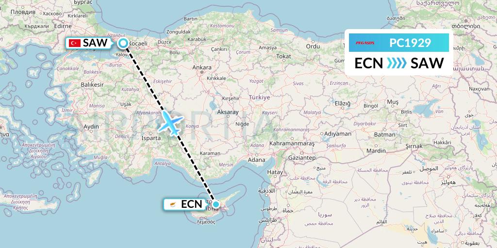 PC1929 Pegasus Airlines Flight Map: Tymvou to Istanbul