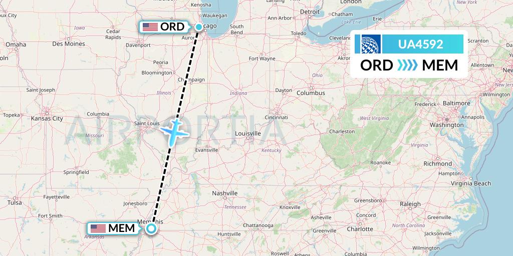 UA4592 United Airlines Flight Map: Chicago to Memphis