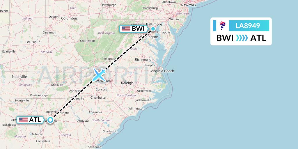 LA8949 LAN Airlines Flight Map: Baltimore to Atlanta