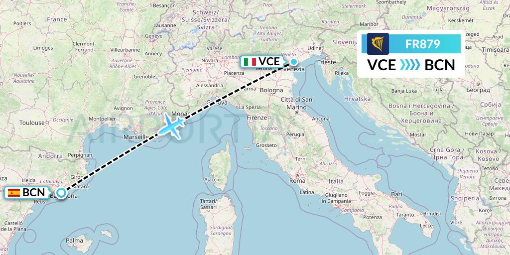 FR879 Ryanair Flight Map: Venice to Barcelona