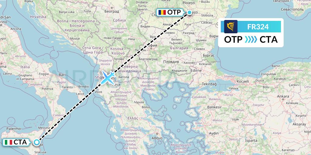 FR324 Ryanair Flight Map: Bucharest to Catania