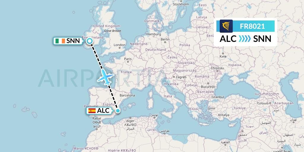 FR8021 Ryanair Flight Map: Alicante to Shannon