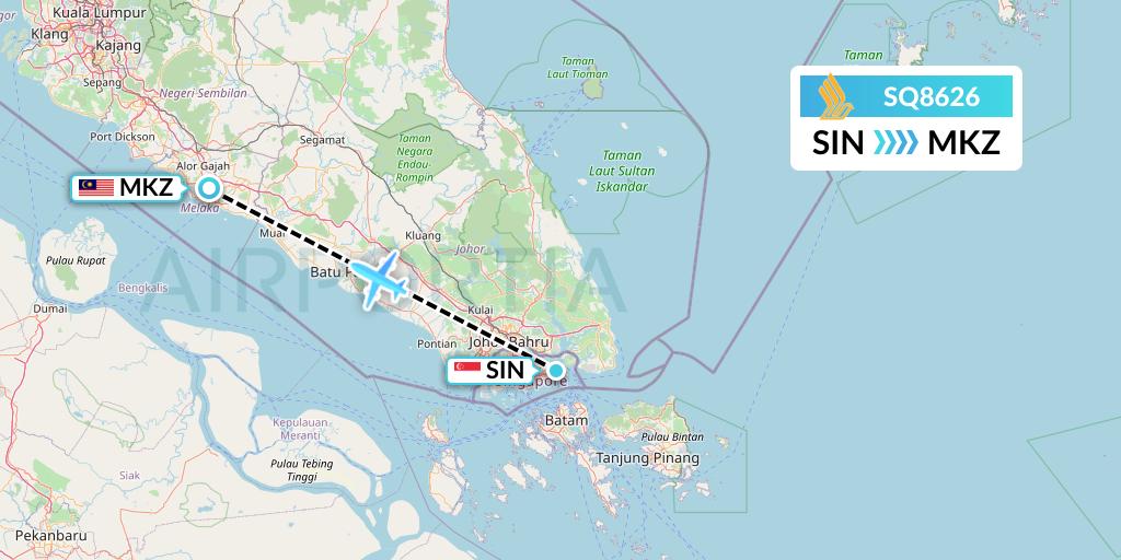 SQ8626 Singapore Airlines Flight Map: Singapore to Malacca