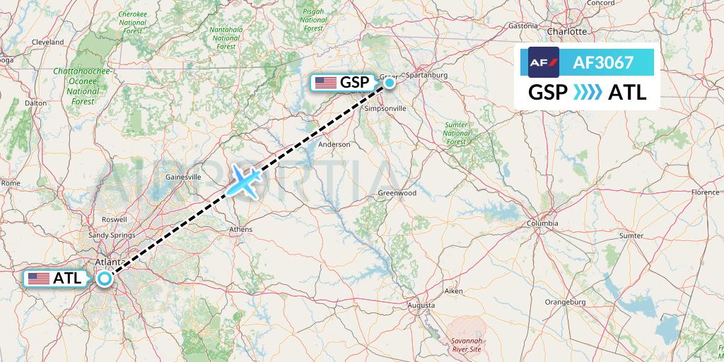AF3067 Air France Flight Map: Greenville-Spartanburg to Atlanta
