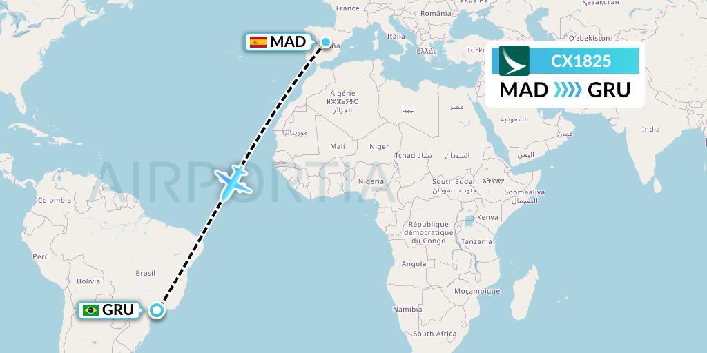 CX1825 Cathay Pacific Flight Map: Madrid to Sao Paulo