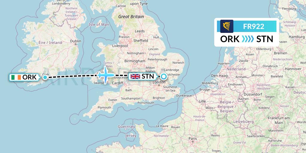FR922 Ryanair Flight Map: Cork to London