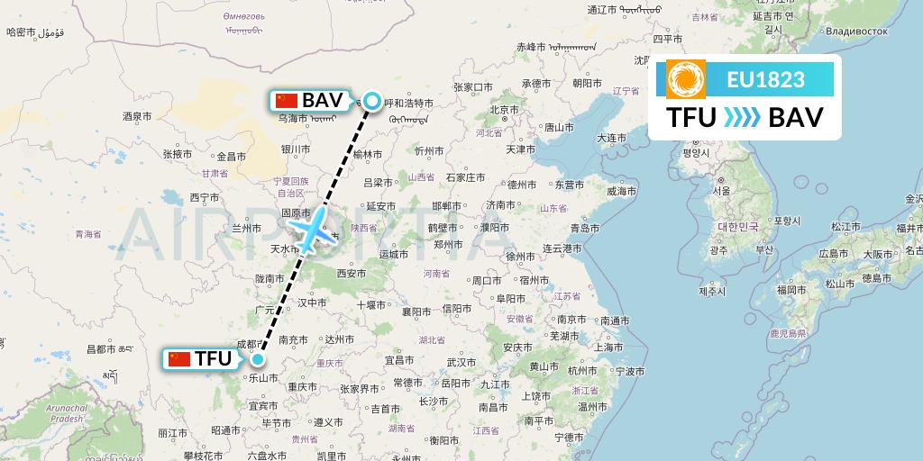 EU1823 Chengdu Airlines Flight Map: Chengdu to Baotou