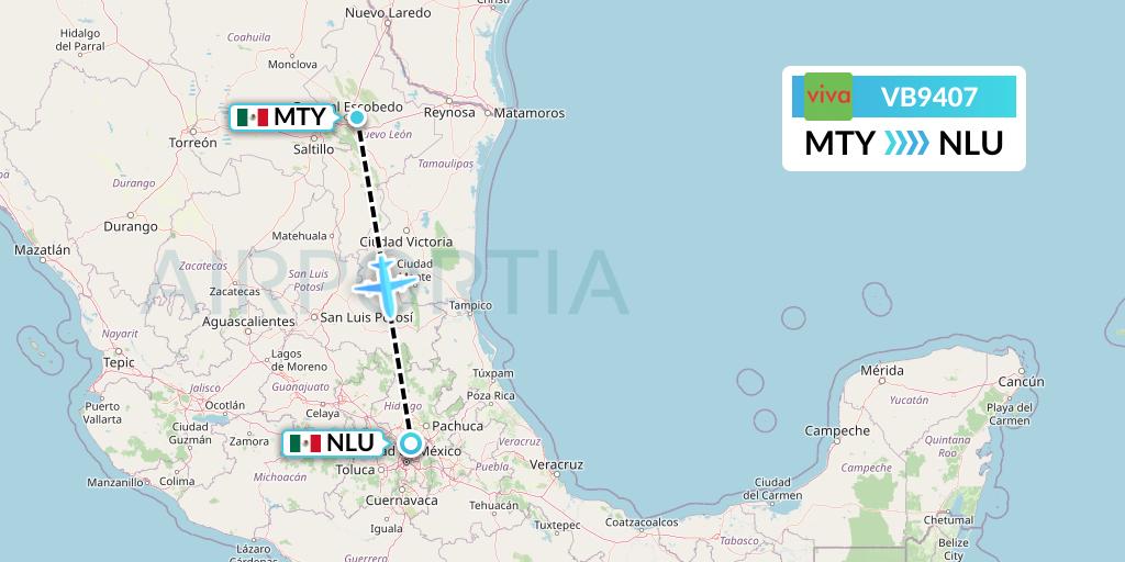VB9407 VivaAerobus Flight Map: Monterrey to Reyes Acozac