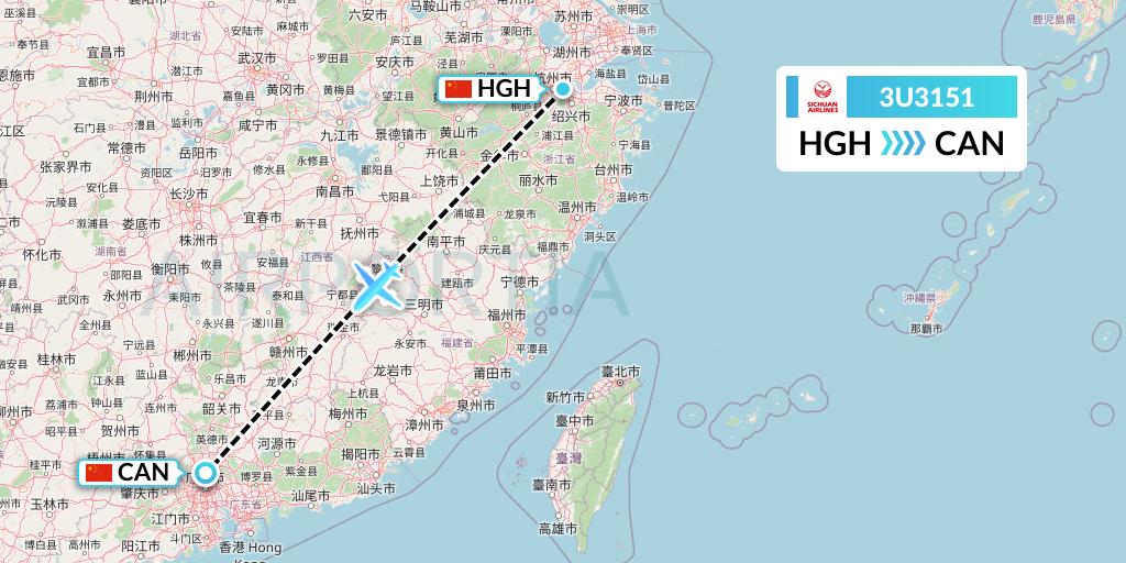 3U3151 Sichuan Airlines Flight Map: Hangzhou to Guangzhou