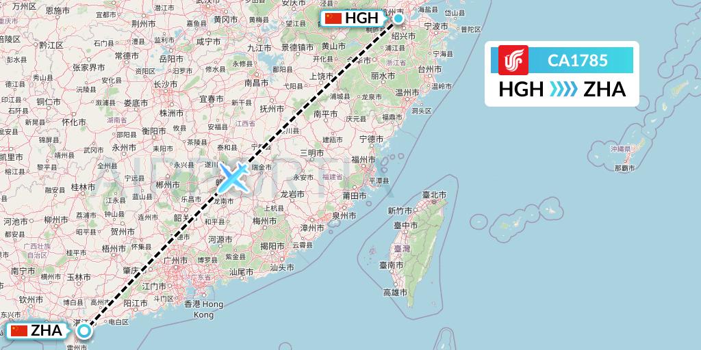 CA1785 Air China Flight Map: Hangzhou to Zhanjiang