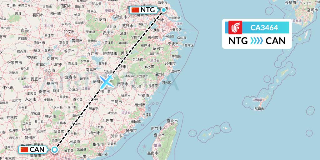 CA3464 Air China Flight Map: Nantong to Guangzhou