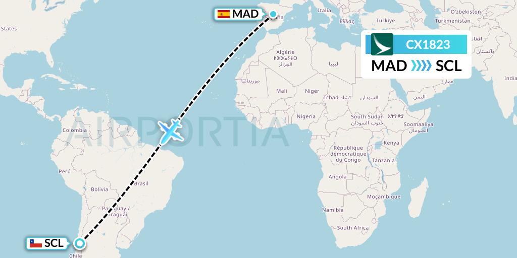 CX1823 Cathay Pacific Flight Map: Madrid to Santiago