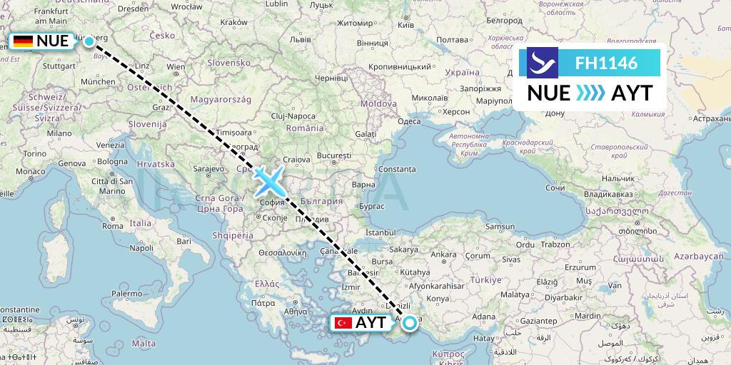 FH1146 Freebird Airlines Flight Map: Nurnberg to Antalya