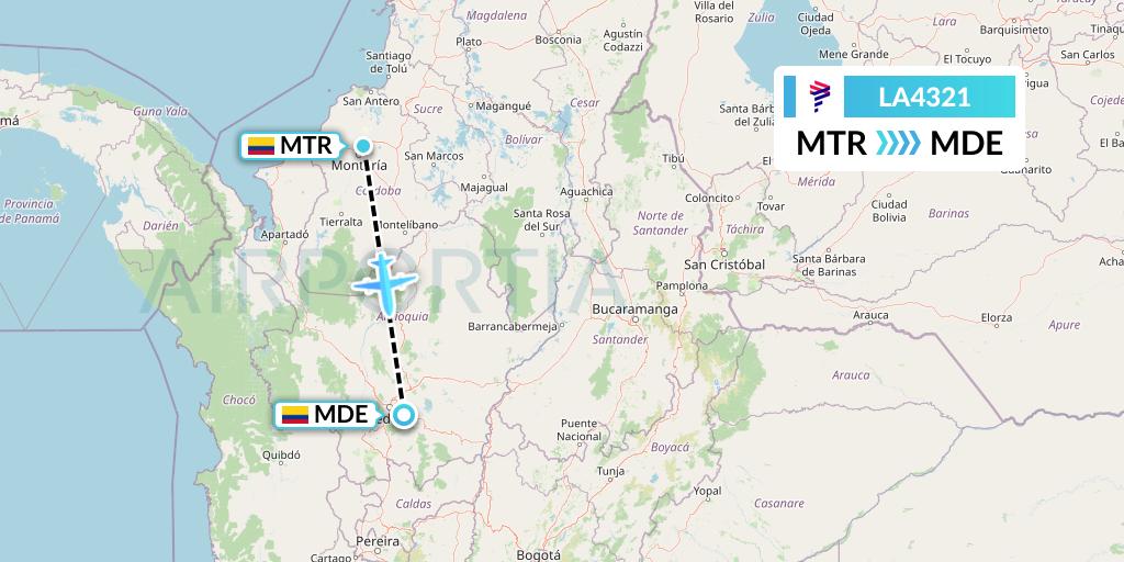 LA4321 LAN Airlines Flight Map: Monteria to Medellin