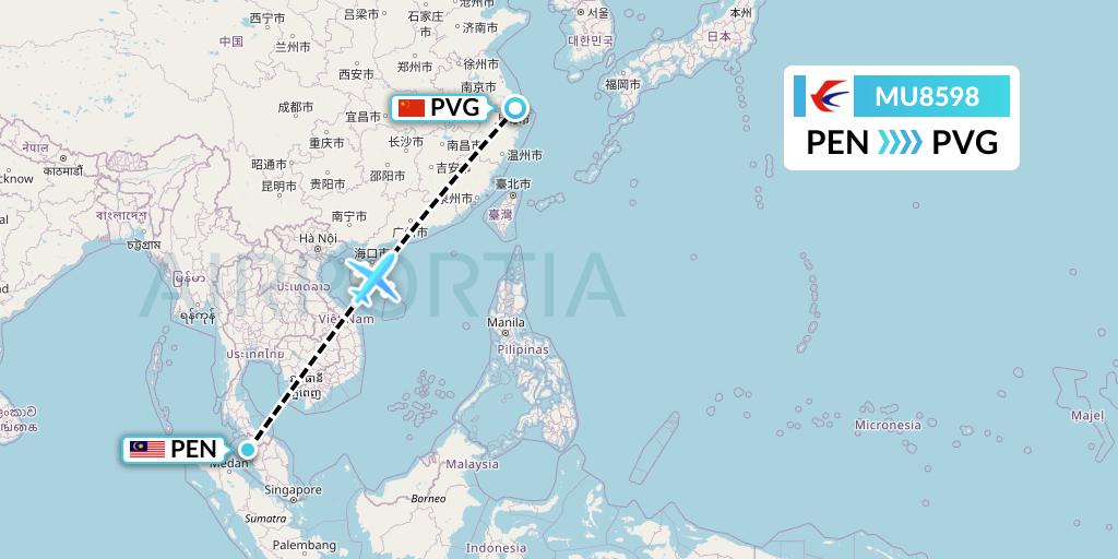 MU8598 China Eastern Airlines Flight Map: Penang to Shanghai