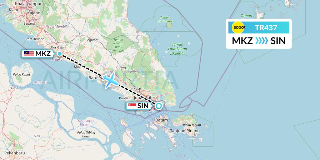 TR437 Tigerair Flight Map: Malacca to Singapore