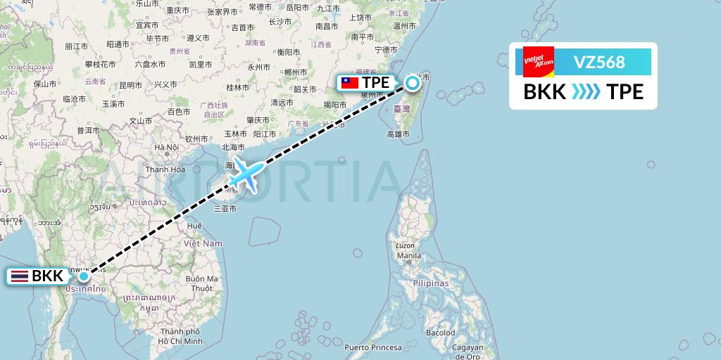 VZ568 Thai Vietjet Air Flight Map: Bangkok to Taipei