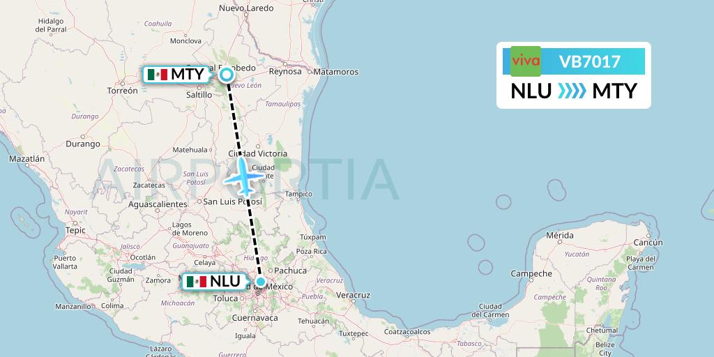 VB7017 VivaAerobus Flight Map: Reyes Acozac to Monterrey