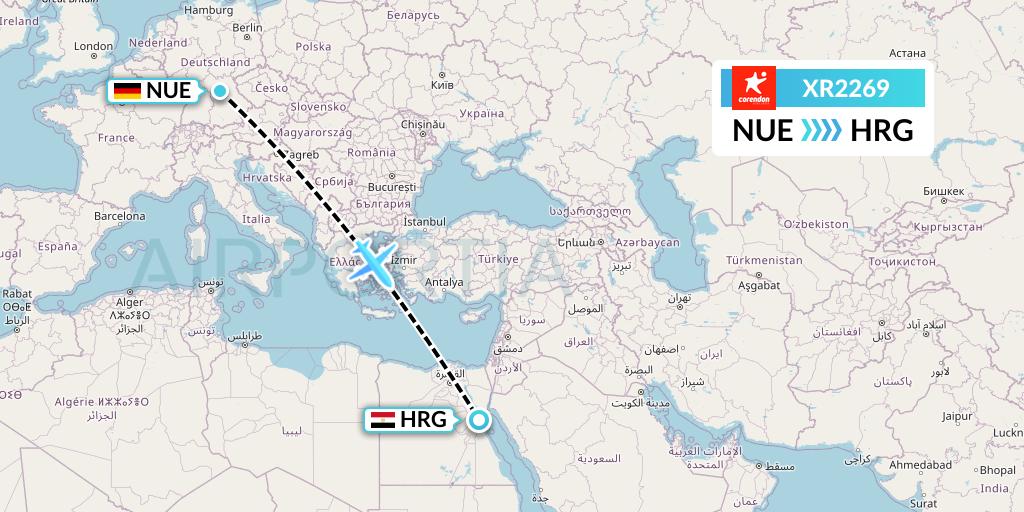 XR2269 Corendon Airlines Europe Flight Map: Nurnberg to Hurghada