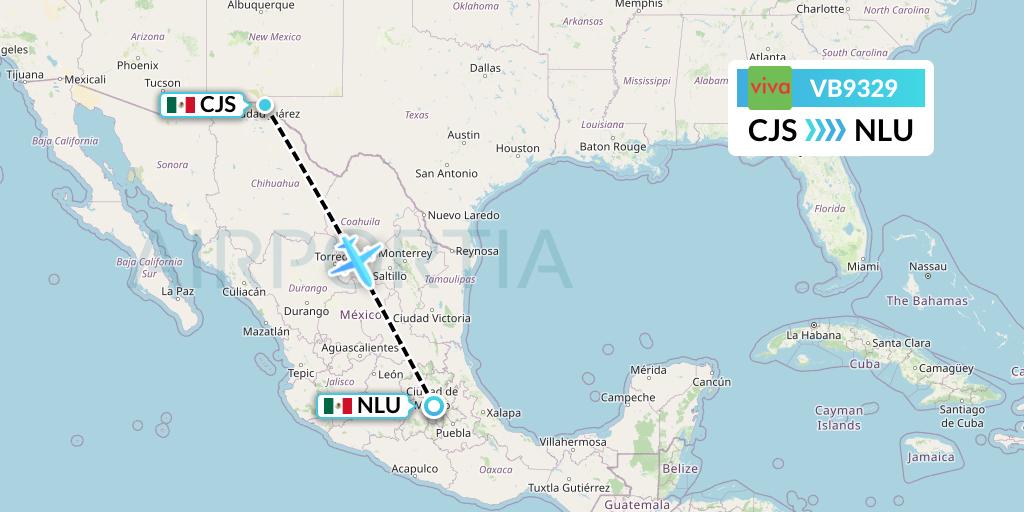 VB9329 VivaAerobus Flight Map: Ciudad Juarez to Reyes Acozac