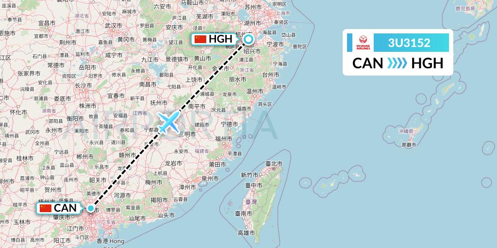 3U3152 Sichuan Airlines Flight Map: Guangzhou to Hangzhou