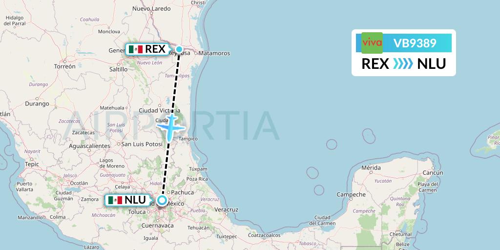 VB9389 VivaAerobus Flight Map: Reynosa to Reyes Acozac