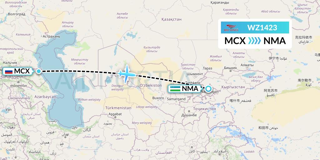 WZ1423 Red Wings Flight Map: Makhachkala to Namangan