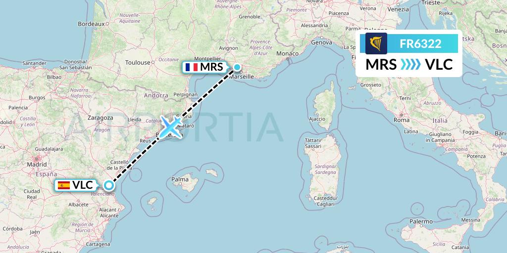 FR6322 Ryanair Flight Map: Marseille to Valencia