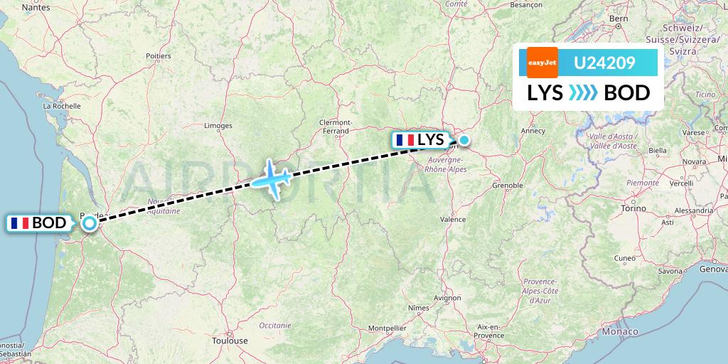 U24209 EasyJet Flight Map: Lyon to Bordeaux