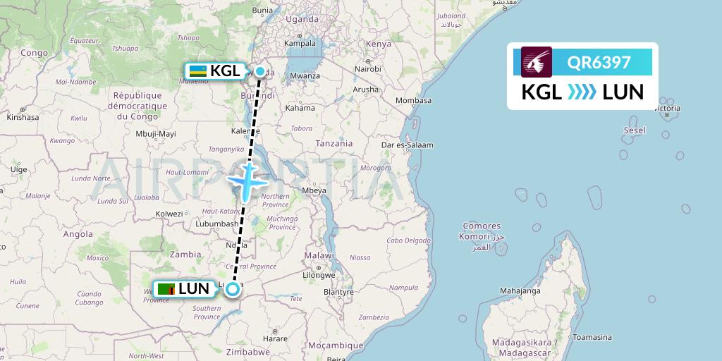 QR6397 Qatar Airways Flight Map: Kigali to Lusaka