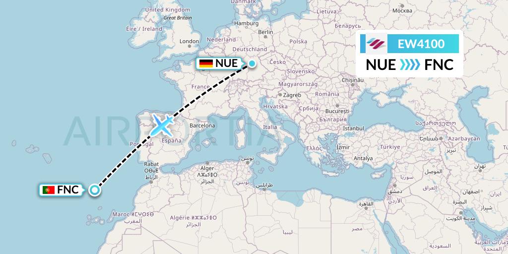 EW4100 Eurowings Flight Map: Nurnberg to Funchal