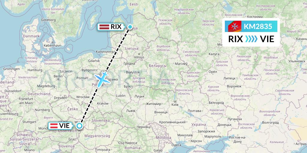KM2835 Air Malta Flight Map: Riga to Vienna