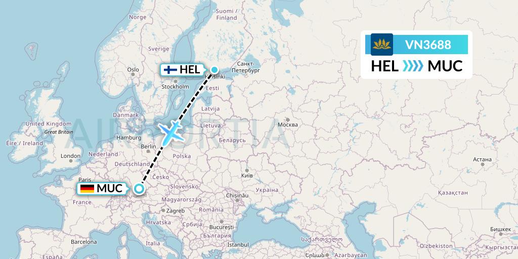 VN3688 Vietnam Airlines Flight Map: Helsinki to Munich