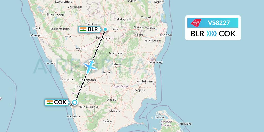 VS8227 Virgin Atlantic Airways Flight Map: Bangalore to Cochin