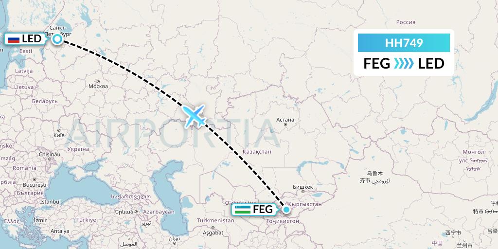 HH749 Qanot Sharq Flight Map: Fergana to St. Petersburg
