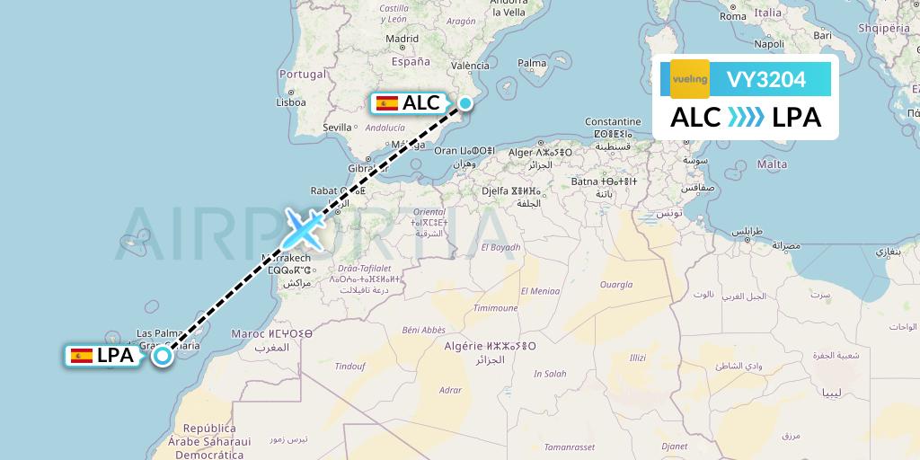 VY3204 Vueling Flight Map: Alicante to Las Palmas