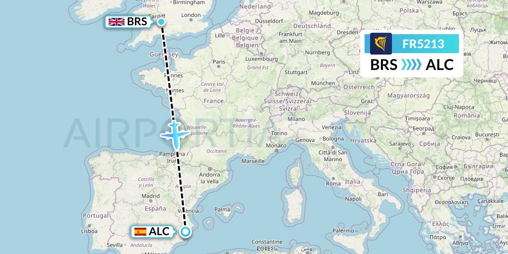 FR5213 Ryanair Flight Map: Bristol to Alicante