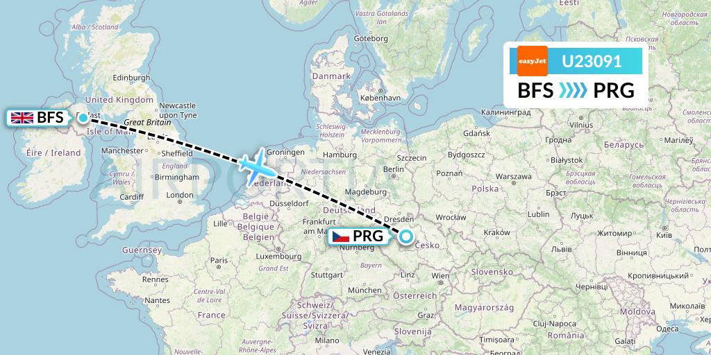 U23091 EasyJet Flight Map: Belfast to Prague