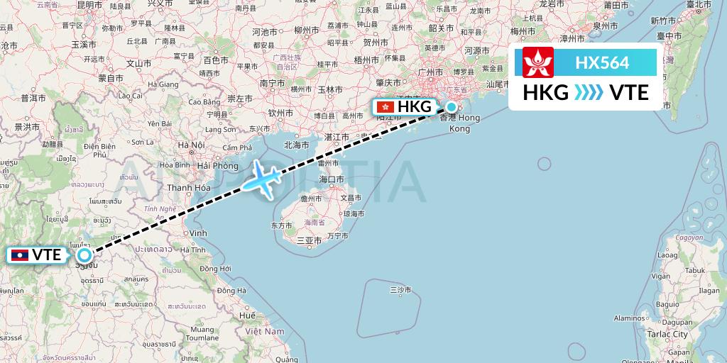 HX564 Hong Kong Airlines Flight Map: Hong Kong to Vientiane