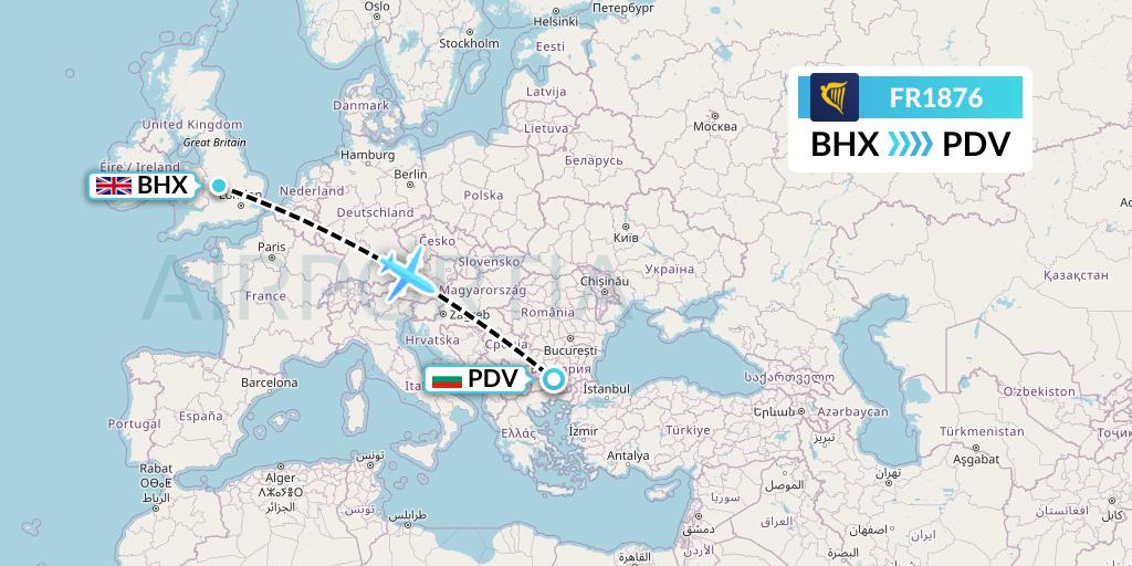 FR1876 Ryanair Flight Map: Birmingham to Plovdiv