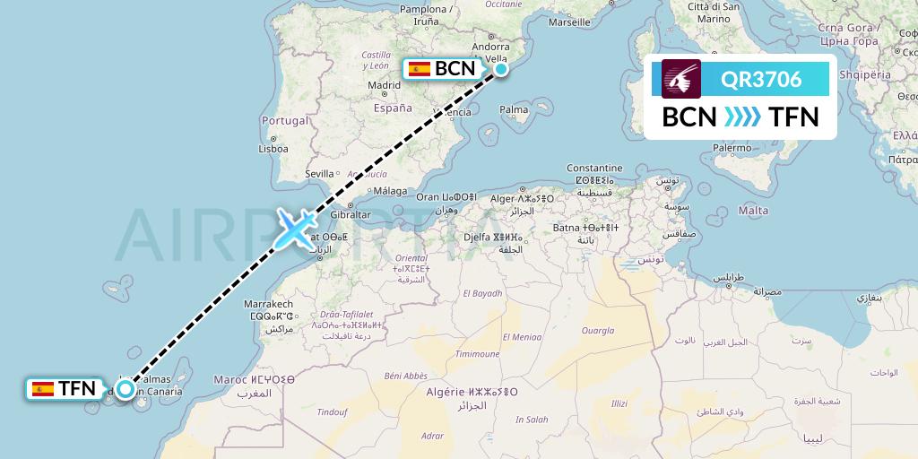 QR3706 Qatar Airways Flight Map: Barcelona to Tenerife