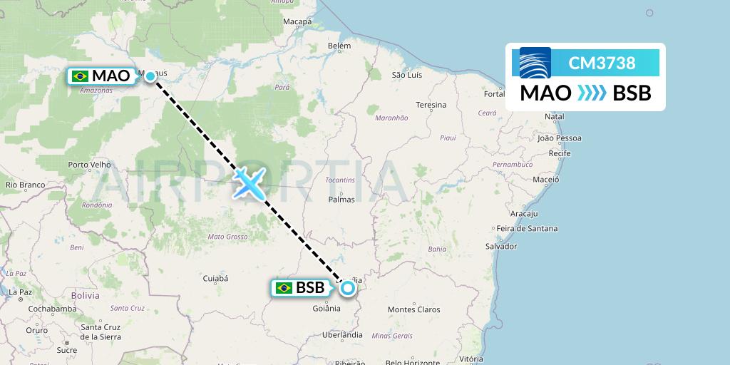CM3738 Copa Airlines Flight Map: Manaus to Brasilia