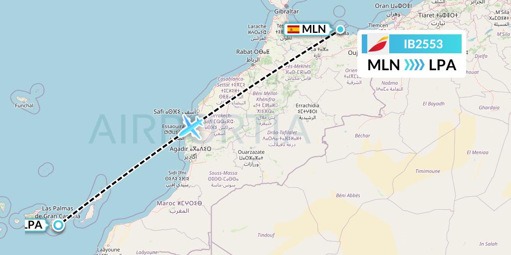 IB2553 Iberia Flight Map: Melilla to Las Palmas