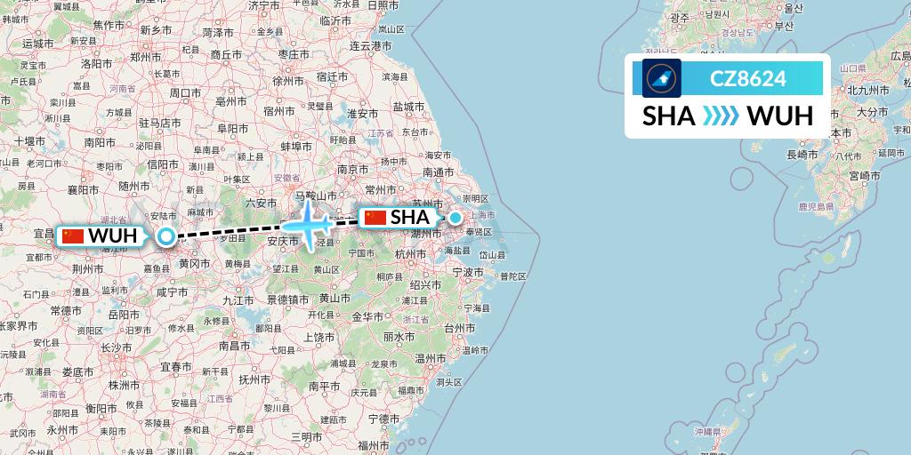 CZ8624 China Southern Airlines Flight Map: Shanghai to Wuhan