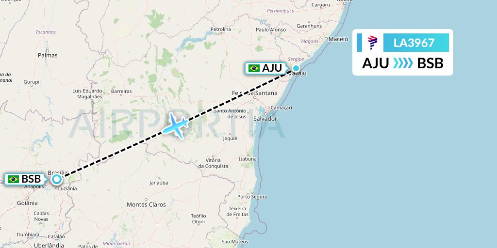 LA3967 LAN Airlines Flight Map: Aracaju to Brasilia