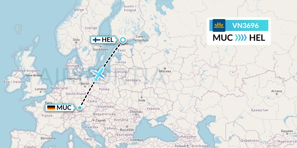 VN3696 Vietnam Airlines Flight Map: Munich to Helsinki