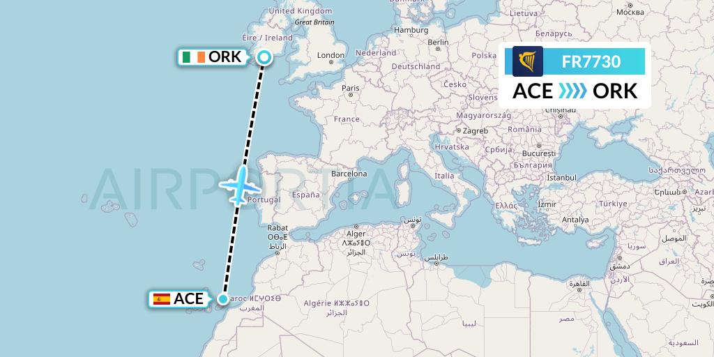 FR7730 Ryanair Flight Map: Lanzarote to Cork